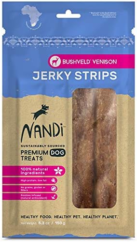 Nandi All-Natural South African Jerky Dog Treats, 5.3 oz - Meat, Grain Free, Sustainably Sourced, Nutrient Rich (Bushveld Venison, 5.3 oz)