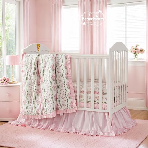 Image of Brandream Organic Crib Fitted Sheets for Baby Girls, Floral Stripes and Vines Grandmillennial Fitted Crib Sheet for Standard Crib /Toddler Mattress Super Soft 100% Cotton Cottagecore Pink Baby Sheet
