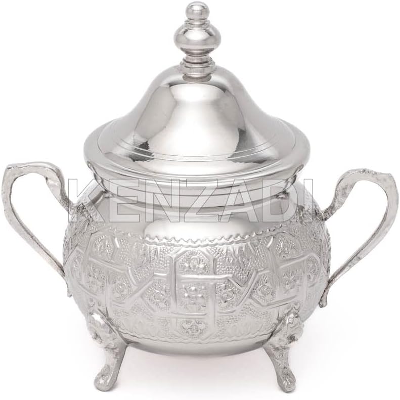 Marrackech DecorMoroccan Medium Sugar Bowl Container for Tea Pot Set Handmade Brass Silver Plated Teapot Hand Carved In Fes Morocco