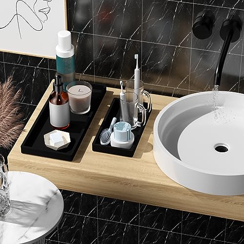 Image of BBK Bathroom Vanity Tray- 2 Pack (7.8 inch and 11.8 inch) Silicone Bathroom Tray for Counter, for Perfume Key Trinket Ring Soap Organization - Black