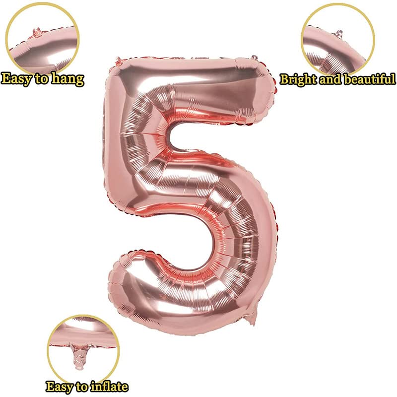 Image of Bubblebells Rose Gold 32 Inches 5 Numbers Shape Large Big Foil Helium Balloons for Party Decorations in Happy Birthday Anniversary Office Items Materials Set Pack