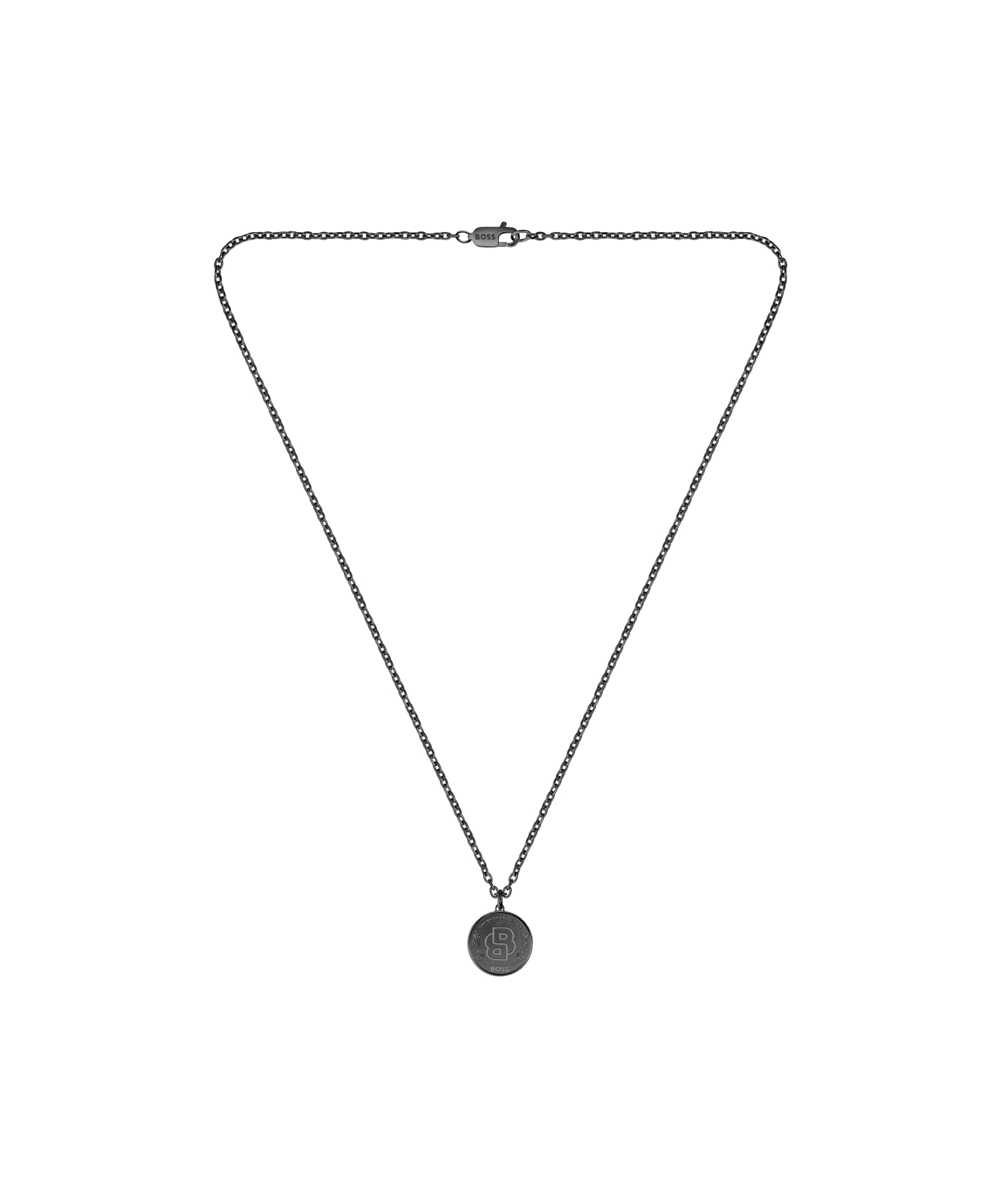 BOSS Jewelry Men's DOUBLE B COIN Collection Necklace in Stainless Steel with a Coin Charm – Available in Silver or Black