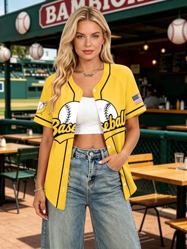 Baseball Jersey Women Game Day Fun Shirt Baseball Player Graphic T-Shirt Sport Season Team Button up Short Sleeve Tops (Yellow1, Medium) — view 2