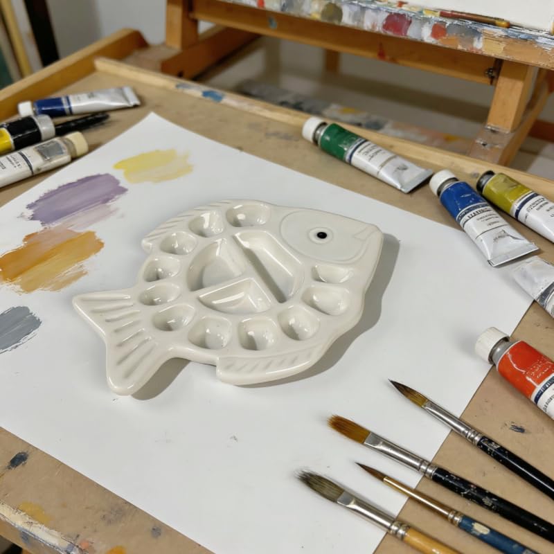 Image of Unique Fish Shape Ceramic Watercolor Palette, White Mixing Tray for Artists | Porcelain Paint Palette Fishtail Pen Rest Design, Desktop Decoration Storage, Easy to Clean, Gift for Painting Enthusiasts