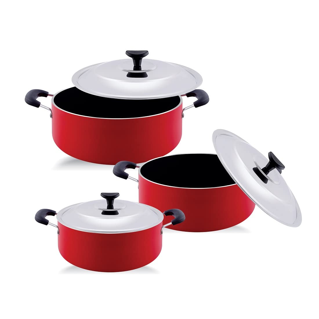 Jaipan Flories Non Stick Casserole Set 3 Pieces with SS Lid | Aluminium Cookware Set with 3 Layer Non-Stick Coating | PFOA Free | Heat Resistant Handles | Sparkle Finish Red Cookware for Kitchen Use