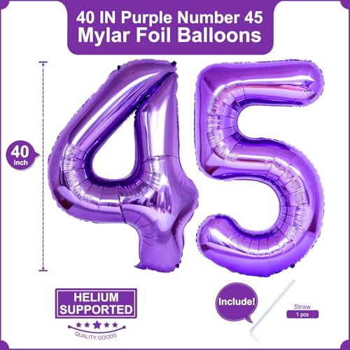 Image of Number 45 Purple Balloons 40 Inch Giant Purple Foil 45 Helium Balloons for 45th Purple Birthday Party Supplies 45th Anniversary Events Decorations