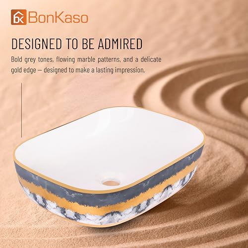 Image of Bonkaso Designer Ceramic Table Top Wash Basin | Grey White with Golden Texture Rectangular Countertop Vanity Sink | 45 x 32.5 x 13.5 cm Premium Glossy Bathroom Basin - P1023