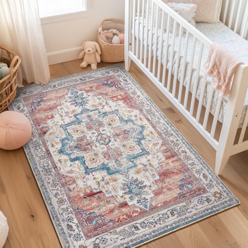 Jainmy Boho 4x6 Area Rugs for Girls Bedroom Bedside Nursery, Distressed Medallion Printed Throw Rugs for Living Room, Washable Non Slip Low Pile Thin Carpet for Entryway/Dorm/Kitchen, Blue/Pale Salmon