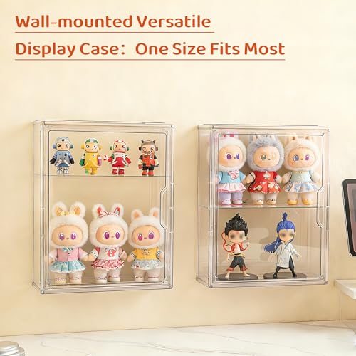Image of Acrylic Wall Mount Display Case for Collectibles Figures, 2 Tier | Damage-Free Adhesive Strips for Wall Mounting; Adjustable Partition Shelves; Clear Display; Magnetic Closure to Keep Dust Out