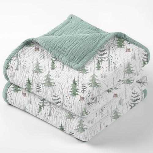 Image of lulumoon Muslin Baby Blanket for Unisex - Soft Cotton Receiving Blanket for Infant - 4 Layer Reversible Breathable Crib Bedding for Stroller and Nursery Decor 47 inchx47 inch (Green Forest Stump)