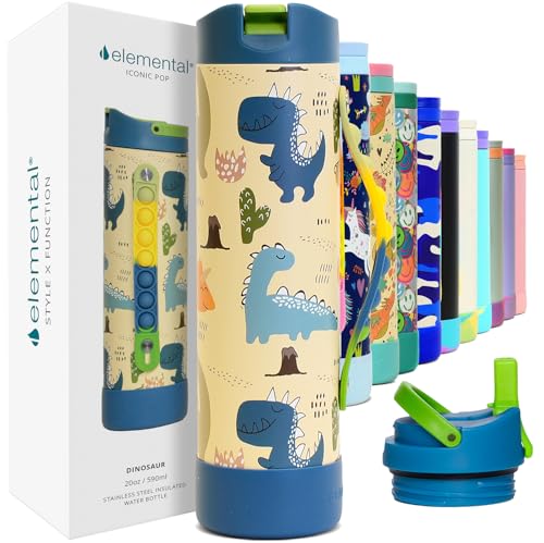 Image of Elemental Iconic Kids Water Bottle for School - 100% Leak-Proof Insulated Water Bottles with Straw Lid & Pop-It Handle for Boys & Girls - Triple-Wall Insulated & BPA-Free, 20oz – Dinosaur