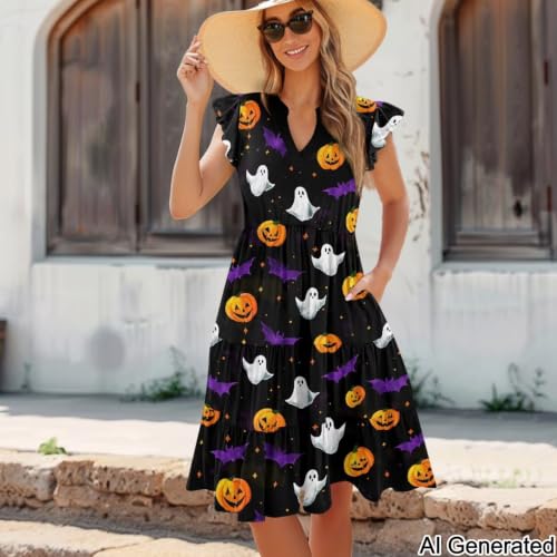Image of Womens Summer Dress Ruffle Sleeve V Neck Dress Casual Fit Flowy Beach Vacation Sundress with Pocket S-2XL