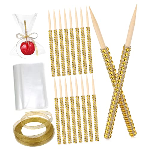 Hemobllo 1 Set Wooden Apple Sticks with Bling Rhinestones Candy Skewers and Bags Includes of Sparkling Ribbon for Parties Weddings and DIY Treats