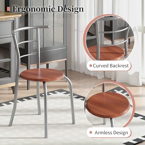 Image of VECELO 3-Piece Dining Table Set for Kitchen Breakfast Nook, Wood Grain Oval Tabletop and Metal Frame with Built-in Wine Rack, for Small Spaces, Brown & Silver
