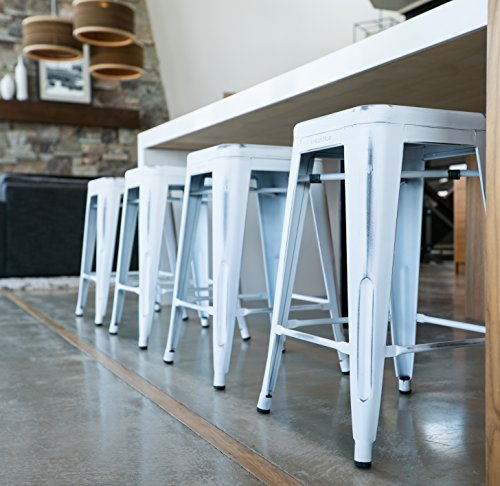 Urbanmod 24” Stool Set Of 4 By Distressed White Rustic Bar Stools -Counter Height Stools 330Lb Capacity Metal Stool Chair – Stackable Indoor/Outdoor Bar Stools For Kitchen Counter And Island #TOP2