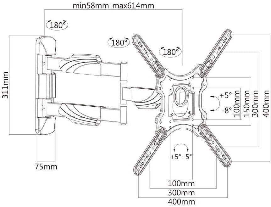 Intec brackets - Long 610mm Reach Ultra Slim Fitting Strong Cantilever Tilt and Swivel TV Wall Mount Bracket Fits 42  55 TV's with VESA Fittings of 300x300 and 400x400