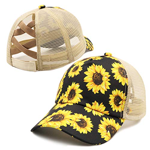 Womens Criss Cross Ponytail High Messy Bun Hats Distressed Baseball Caps Unconstructed Washed Dad Hat Girls Trucker Ponycaps (01-Sunflower Pattern)