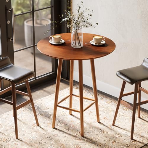 LITTLE TREE Solid Wood Bar Table, 39.37-Inch Round Bistro Table with Sturdy Frame, for Living Room, Dining Room, Small Space (Rustic Walnut)