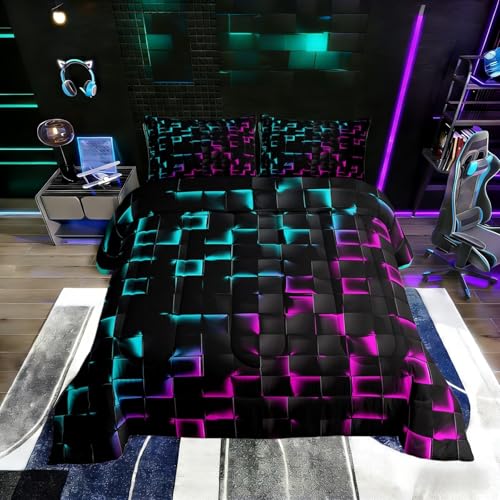 Image of Erosebridal Geometric Checkered Comforter Set Full Neon Teal Purple Bedding Set for Kids Boys Teen Men Gamer Room Decor,Abstract Ombre Plaid Comforter Grids Quilt Duvet Black