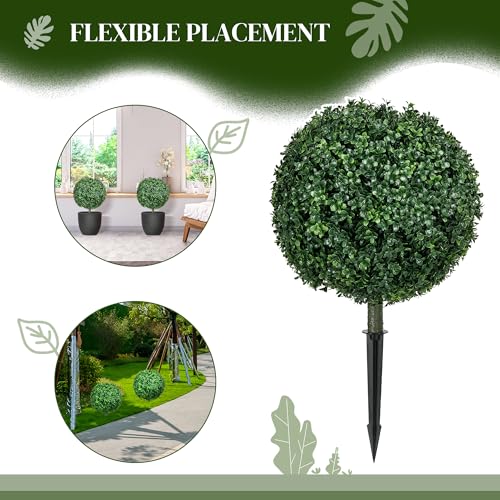 HOMCOM Set of 2 70cm Artificial Boxwood Topiary Ball Bush with Integrated Ground Stake, Indoor Outdoor UV Resistant Faux Greenery, Faux Plants for Garden, Porch, Balcony - Image 4