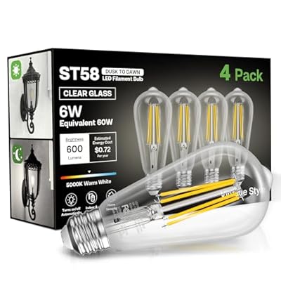 Eastiya Dusk to Dawn LED Outdoor Light Bulb: LED Edison Bulbs, Dusk to Dawn Light Bulbs, 6W Equivalent 60W, 5000K Cool White, E26 Base, 600LM, Vintage Style ST58, Light Sensor for Photocell, 4 Pack