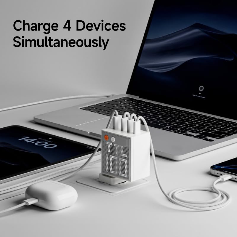 Image of SHARGE Pixel 100 USB C Charger 100W Laptop GaN Charger 4-Port Fast Charging with Dot-Matrix Display PD 3.0, Foldable and Compact for MacBook Air, iPhone 17 /16 Galaxy S26 (White)