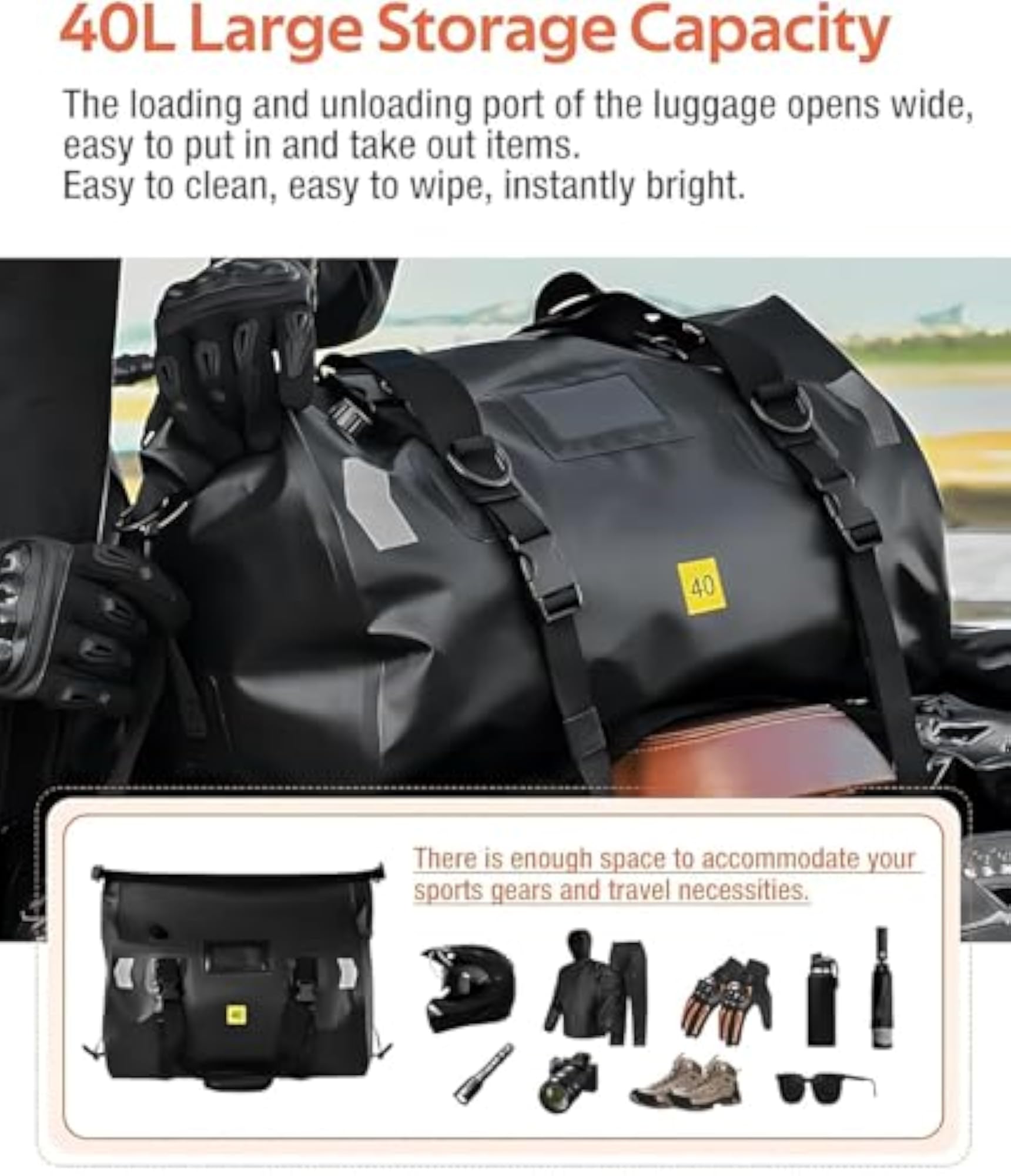 40L Waterproof Motorcycle Duffel Bag, Roll Top Dry Bag