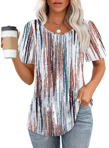 Womens T Shirts Dressy Casual Tie-Dye Fashion Summer Outfits Short Sleeve Boho Tops Round Neck Beach Vacation Clothes Brown L