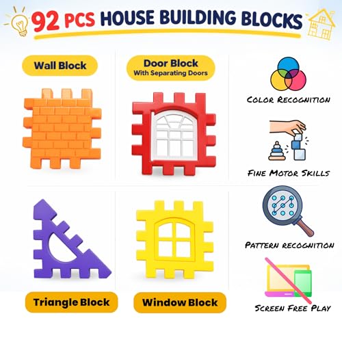 Image of House Building Blocks for Kids 3+ Years, 92 Pcs | Interlocking STEM Construction Toy, Creative Play, Fine Motor Development, Birthday Return Gift