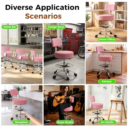 Image of Office Drafting Chair with Footrest, Tall Height Adjustable Stool with Back Support, Heavy Duty Rolling Stool Chair with Wheels for Office Home Kitchen Bar Shop Guitar Studio Vanity, Pink