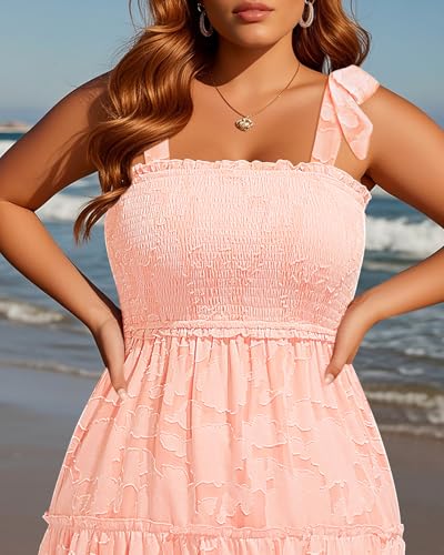 Image of Plus Size Summer Dress - Sun Boho Beach Casual Floral Tiered Smocked Long Maxi Dresses