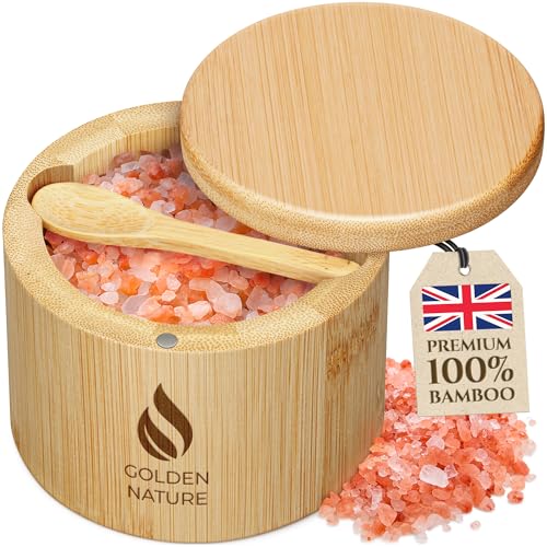 Golden Nature Salt Jar with Lid and Spoon - Sea Salt Flake Holder - Bamboo Cellar with Magnetic Swivel Lid & Built In Spoon Slot - Spice Container Storage Box for Countertop - Pepper Crock