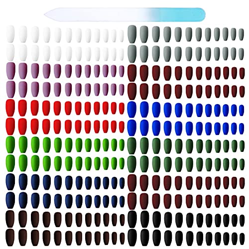 Umillars 288pc Matte Pure Color Coffin False Nails Artificial Fake nails Full Cover Fingernails 12 Colors Nail Tips Kit with One Crystal Nail File for Nail Art Salon DIY Decoration (Coffin set-12)