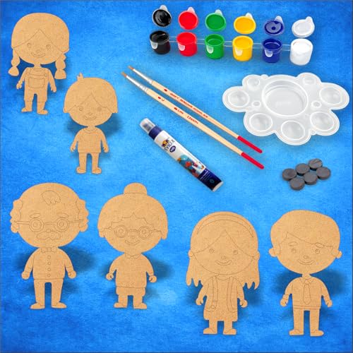 Image of PICRAZEE DIY Family Painting Kit for Kids | 6 Pine MDF Family Cutouts (Dada-Dadi, Mummy-Papa & 2 Kids) with Acrylic Colors, Brushes, Palette & Magnets | Wooden Art & Craft Creative Activity Toy