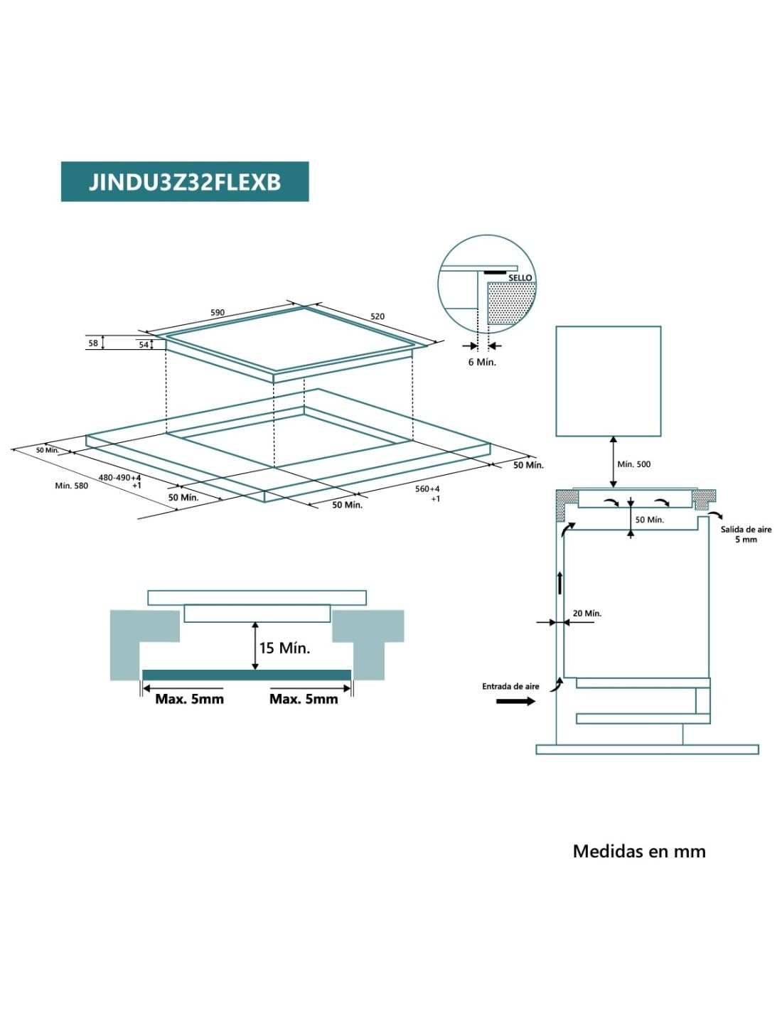 Placa de inducción flexible 60 cm 3 zonas de cocinado