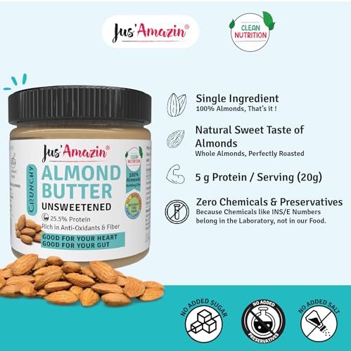 Image of Jus' Amazin Crunchy Almond Butter - Unsweetened (200 g) | 25% Protein | Only Pure Whole Almonds | Zero Additives / Chemicals | Plant Based, Dairy Free, Keto | Clean Nutrition, 0% Chemicals