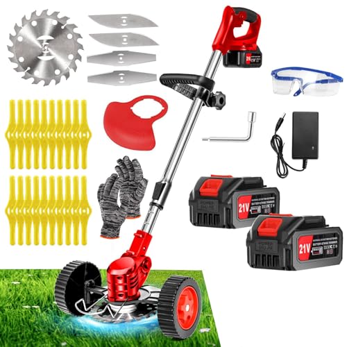 Cordless Weed Wacker, Electric Grass Trimmer 21V 4.0Ah Battery Powered Weed Trimmer, 3 in 1 Stringless Lightweight Brush Cutter/Edger/Mower with 4 Types Blade & Wheels for Garden and Yard Lawn