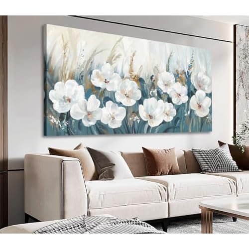 NINEASO Flowers Canvas Wall Art - White Flowers Pictures Abstract Floral Wall Decor Navy Blue Reed Botanical Painting Print Artwork for Living Room Bedroom Home Office Decorations 20" x 40" 