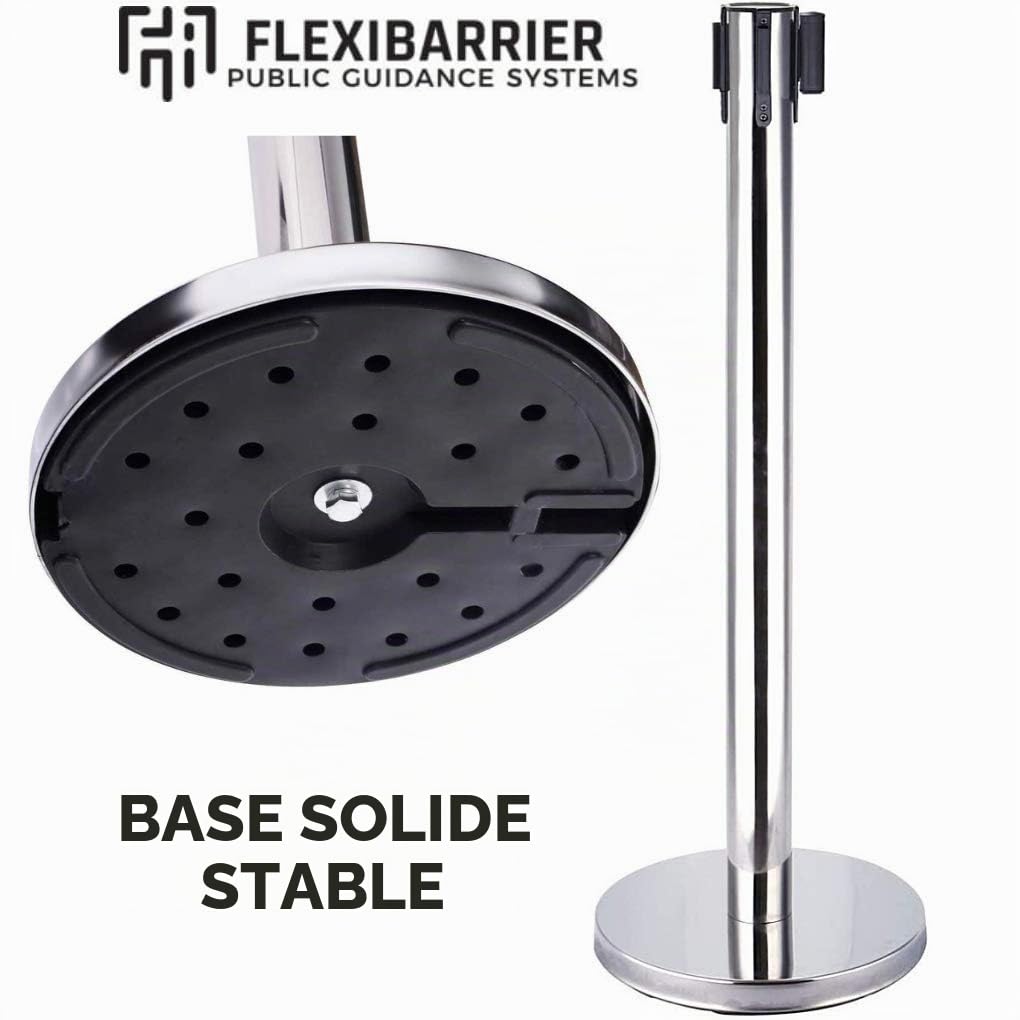 Lot de 2 FLEXIBARRIER Système de guidage des personnes - Support de délimitation Chrome -Basic- Longueur de la sangle 5 m *noir*, Support de délimitation, Sangle de délimitation, Poteau de