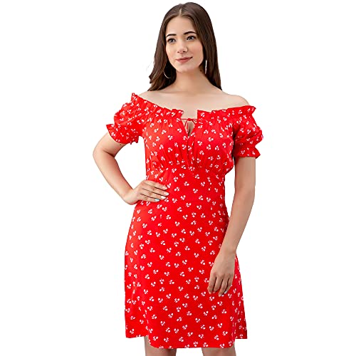 Image of Women Floral Print RED Color Off Shoulder Dress