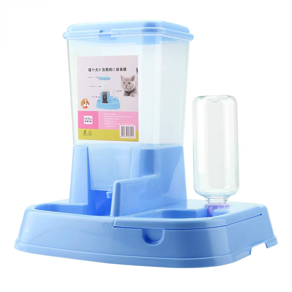 Alimentatore Automatico per Cani e Gatti Distributore di Cibo e Acqua 2 in 1 Materiale Ecologico Grande capacità 500 Ml 34 * 27 * 35 Cm (Blu)