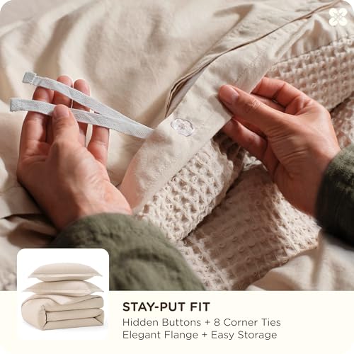 Image of Bedsure Cotton Duvet Cover Set - 100% Cotton Waffle Weave Beige Duvet Cover California King, PureWoven Breathable Cal King Bedding Set for All Season, 3 Pieces, 104 inchx98 inch