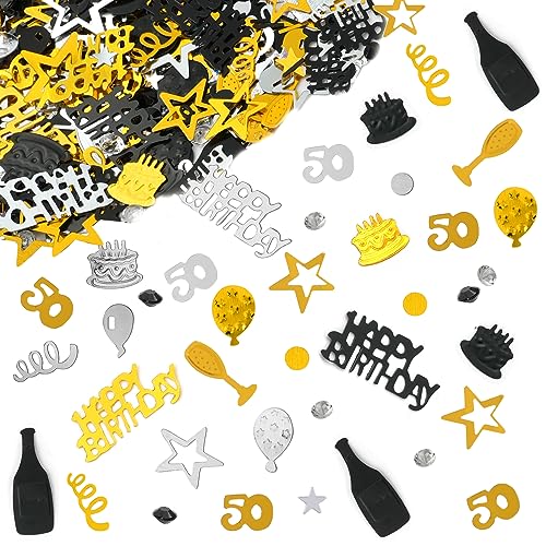 OSDUE Confeti Cumpleaños 50 año, 1200 Piezas Happy Birthday Brillante Confeti Estrellas Decoracion, 30g Confeti de Mesa Oro Negro Confeti Cumpleaños Mesa para 50 año,Aniversario