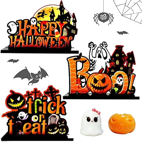 3Pcs Halloween Table Decorations Happy Halloween Wooden Table Centerpiece Sign Boo Sign Wooden Trick or Treat Candy Day Sing for Halloween Party Dinner Coffee Table Topper Tier Tray Room Decor Cover