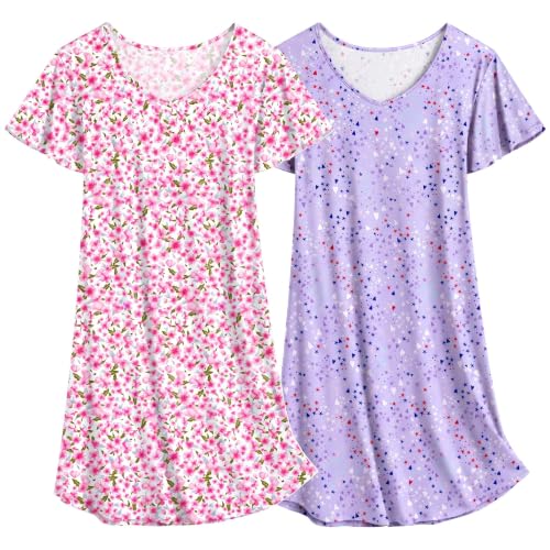 Image of Ekouaer 2 Pack Nightgowns for Women Short Sleeve Nightshirt Soft Sleepdress