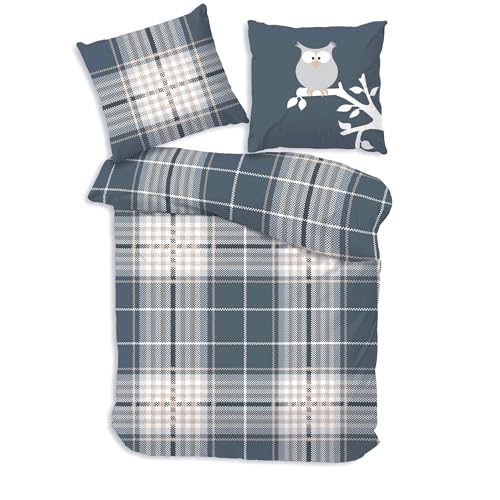 LINKHOFF Biber Bettwäsche 135x200 2tlg - Eulenbettwäsche aus 100% Baumwolle - Bettwäsche-Set Eulenmotiv Navy Blau Sand - Winterbettwäsche Kariert...