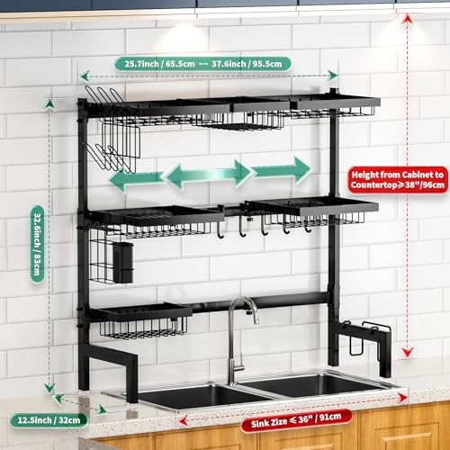 Image of Over The Sink Dish Drying Rack,Expandable Length 3-Tier Large Stainless Steel Over The Sink Dish Rack with 6 Baskets, Utensil Holder Dish Drainers for Kitchen Counter