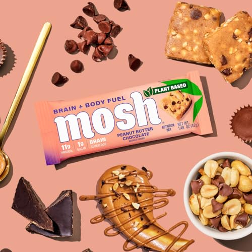 MOSH Peanut Butter Chocolate Plant Based Keto Protein Bars, High Protein, Gluten Free, Brain Healthy Snack with Ashwagandha, and Lion's Mane, 12 Count