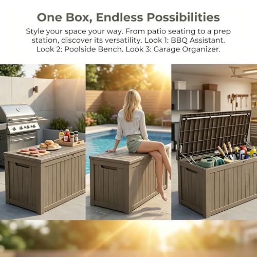 Image of 198 Gallon Resin Deck Box - Finally, a Lockable Outdoor Storage That Fits Everything (Cushions, Tools, Pool Gear & BBQ) - Weatherproof Wood Grain Design for Patio, Garden, Office, Home Indoor Outdoor