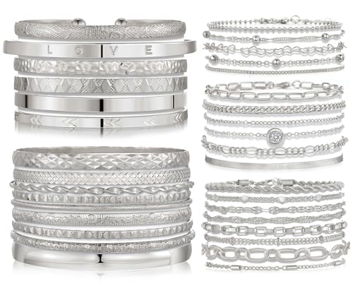 IFKM 5 PACK (35 PCS) Silver Chain Bangles Bracelets Set for Women, Silver Multiple Layered Stackable Open Cuff Bangle Anklet Bracelet Trendy Elegance Link Beads Italian Boho Cuban Jewelry for Women Gift
